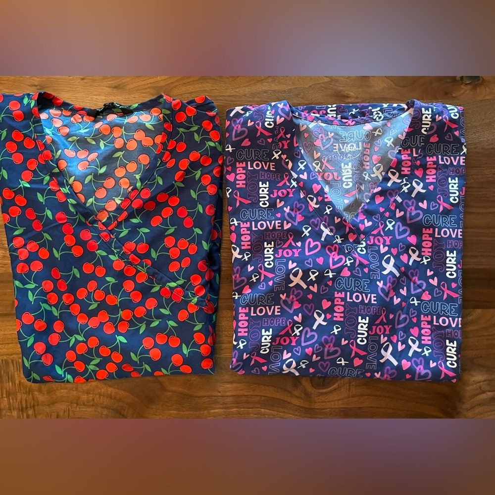 XL Scrub tops. Set of two. Polyester. Cherries and Cure Cancer patterns.